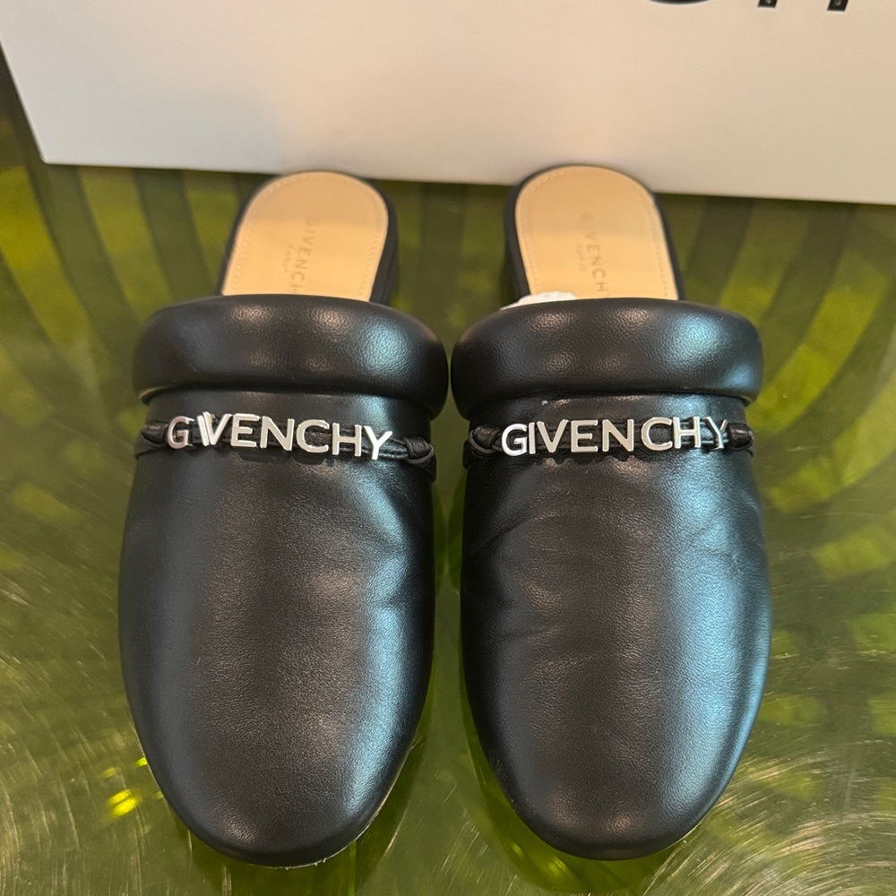Givenchy Black Leather Mules with Silver Logo